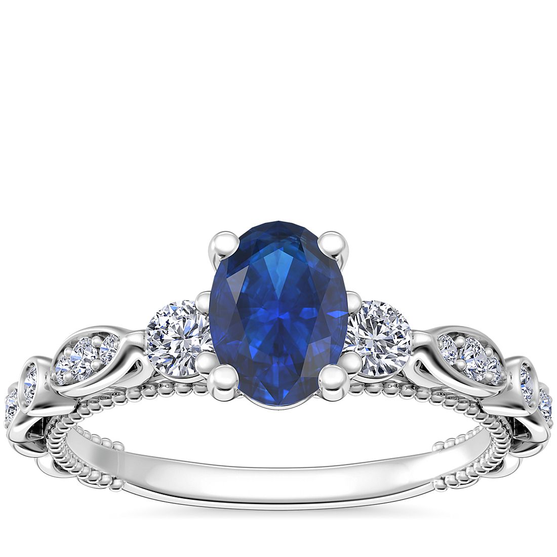 Floral Ellipse Diamond Cathedral Engagement Ring with Oval Sapphire in 14k White Gold (7x5mm)