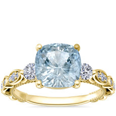Floral Ellipse Diamond Cathedral Engagement Ring with Cushion Aquamarine in 14k Yellow Gold (8mm)