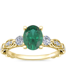 Floral Ellipse Diamond Cathedral Engagement Ring with Oval Emerald in 14k Yellow Gold (8x6mm)