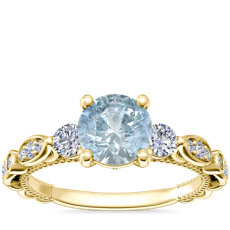 14k 黃金花卉橢圓形鑽石大教堂訂婚戒指搭圓形海藍寶石（6.5 毫米）
