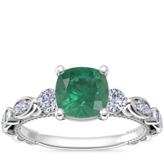 鉑金花卉橢圓形鑽石大教堂訂婚戒指搭墊形綠寶石（6.5 毫米）
