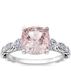Floral Ellipse Diamond Cathedral Engagement Ring with Cushion Morganite in Platinum (8mm)
