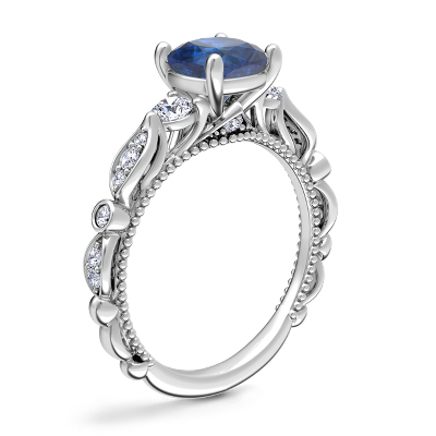 Floral Ellipse Diamond Cathedral Engagement Ring with Cushion Sapphire in Platinum (6mm)