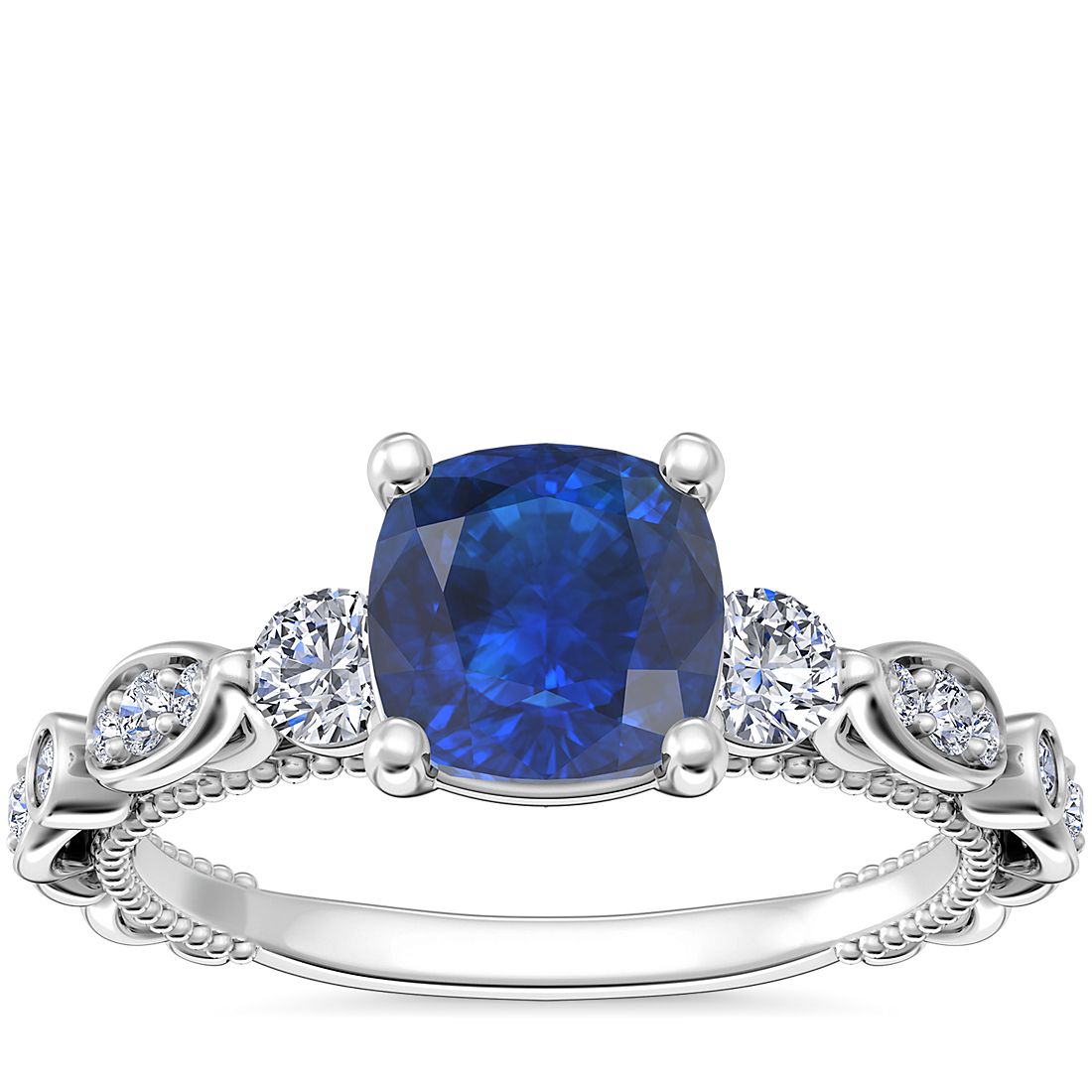 Floral Ellipse Diamond Cathedral Engagement Ring with Cushion Sapphire in Platinum (6mm)
