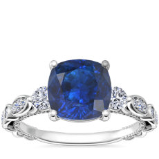 NEW Floral Ellipse Diamond Cathedral Engagement Ring with Cushion Sapphire in Platinum (8mm)