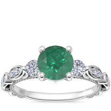 鉑金花卉橢圓形鑽石大教堂訂婚戒指搭圓形綠寶石（6.5 毫米）