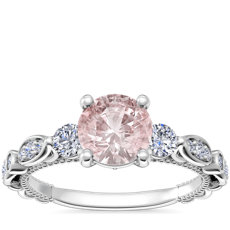 Floral Ellipse Diamond Cathedral Engagement Ring with Round Morganite in Platinum (6.5mm)