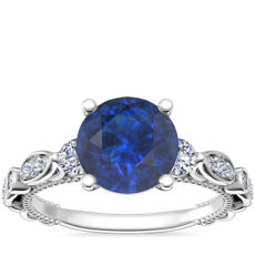 NEW Floral Ellipse Diamond Cathedral Engagement Ring with Round Sapphire in Platinum (8mm)