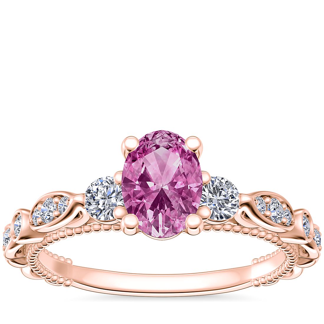 Anillo de compromiso Ellipse de diseño catedral con diamantes, motivo floral y zafiro ovalado de color rosado en oro rosado de 14 k (7x5 mm)