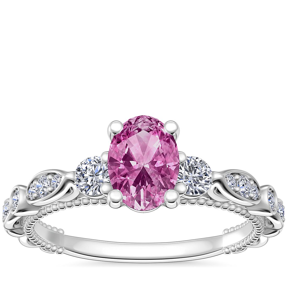 Floral Ellipse Diamond Cathedral Engagement Ring with Oval Pink Sapphire in 14k White Gold (7x5mm)