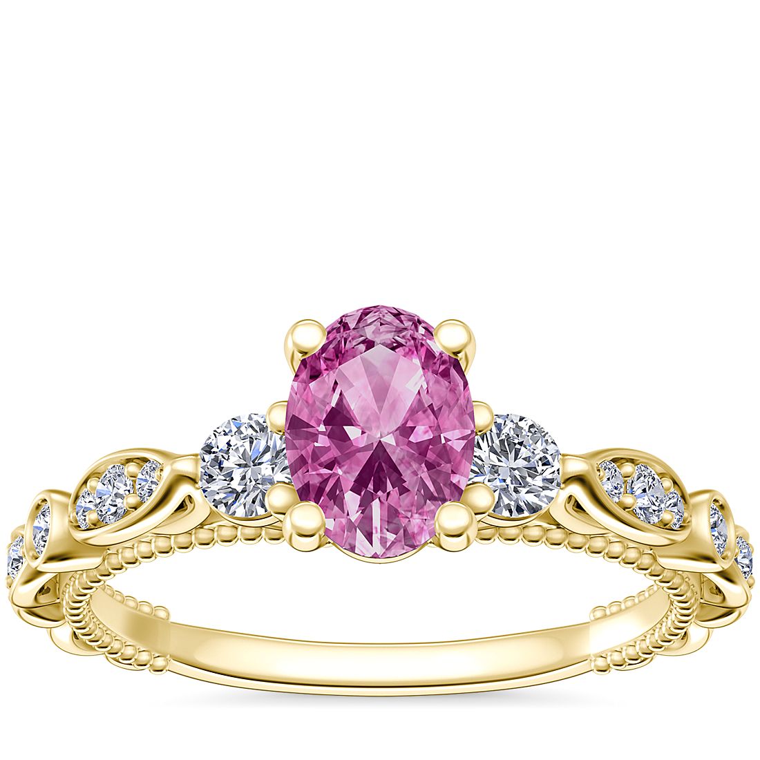 Floral Ellipse Diamond Cathedral Engagement Ring with Oval Pink Sapphire in 14k Yellow Gold (7x5mm)