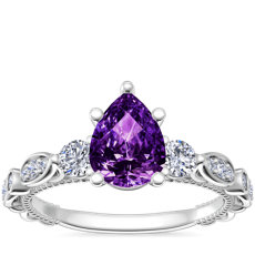 NEW Floral Ellipse Diamond Cathedral Engagement Ring with Pear-Shaped Amethyst in Platinum (8x6mm)