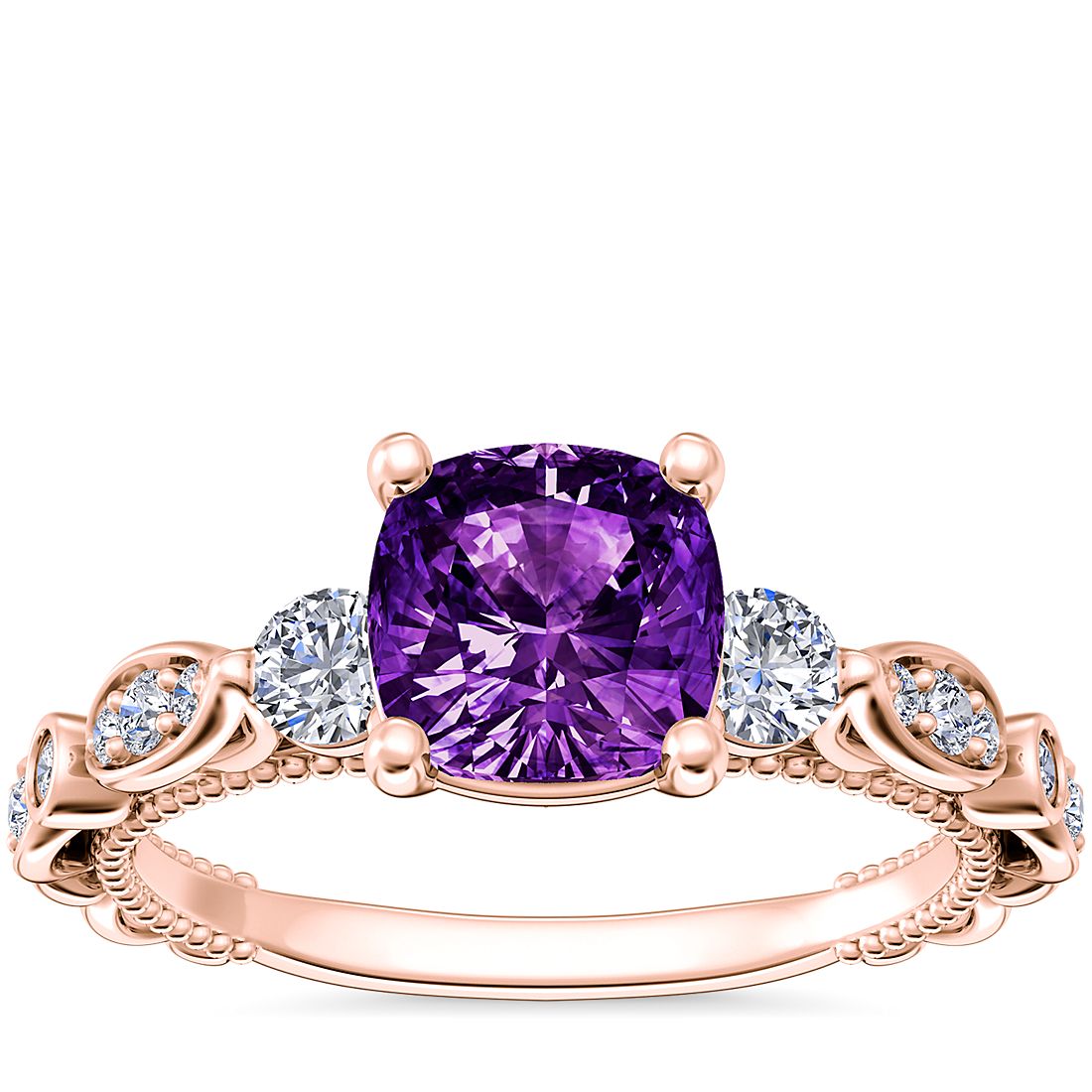 Floral Ellipse Diamond Cathedral Engagement Ring with Cushion Amethyst in 14k Rose Gold (6.5mm)