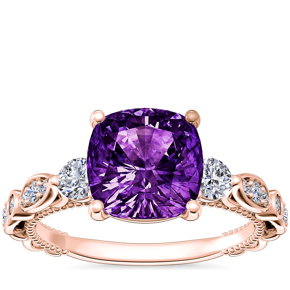 Floral Ellipse Diamond Cathedral Engagement Ring with Cushion Amethyst in 14k Rose Gold (8mm)