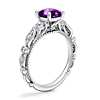 Floral Ellipse Diamond Cathedral Engagement Ring with Cushion Amethyst in 14k White Gold (6.5mm)