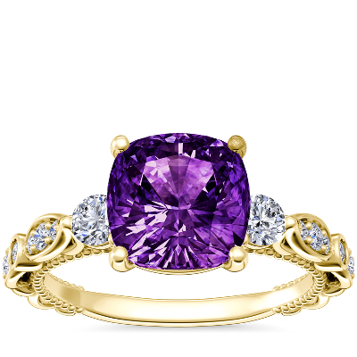 Floral Ellipse Diamond Cathedral Engagement Ring with Cushion Amethyst ...