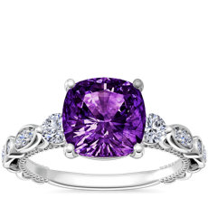 Floral Ellipse Diamond Cathedral Engagement Ring with Cushion Amethyst in Platinum (8mm)