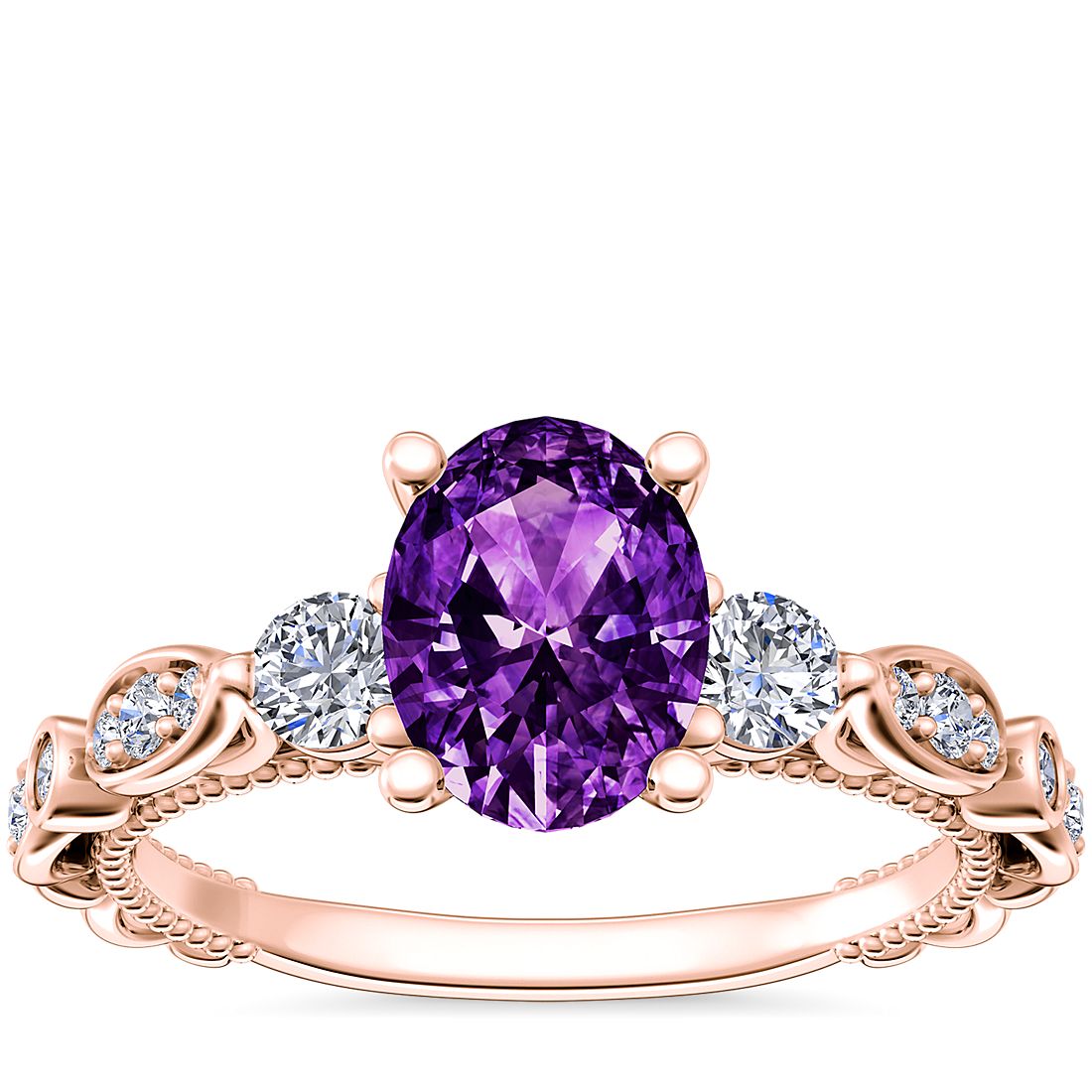 Floral Ellipse Diamond Cathedral Engagement Ring with Oval Amethyst in 14k Rose Gold (8x6mm)