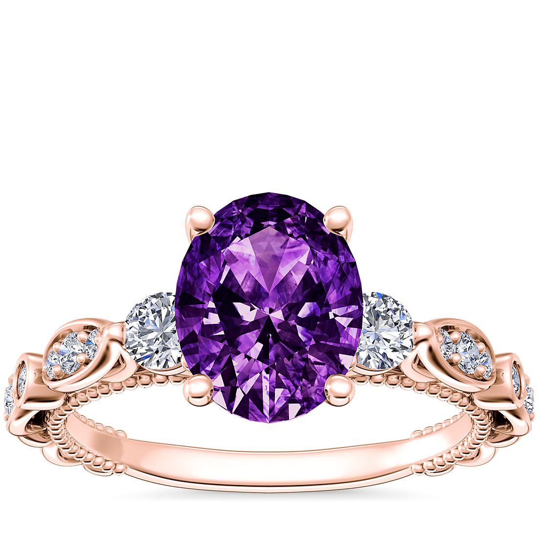 Floral Ellipse Diamond Cathedral Engagement Ring with Oval Amethyst in 14k Rose Gold (9x7mm)