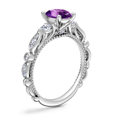 Floral Ellipse Diamond Cathedral Engagement Ring with Oval Amethyst in 14k White Gold (8x6mm)