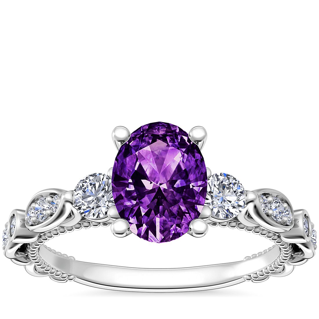 Floral Ellipse Diamond Cathedral Engagement Ring with Oval Amethyst in 14k White Gold (8x6mm)