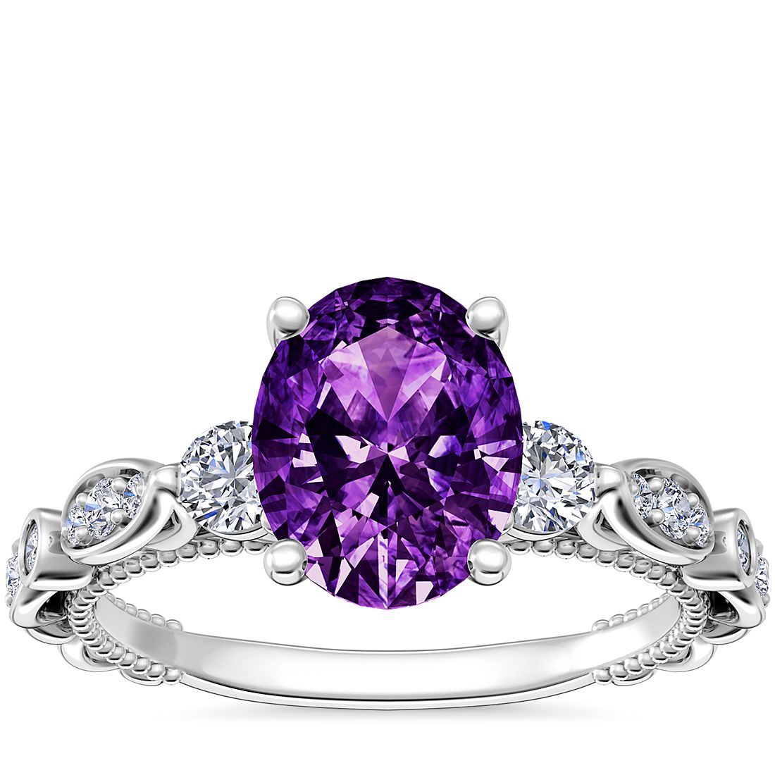Floral Ellipse Diamond Cathedral Engagement Ring with Oval Amethyst in 14k White Gold (9x7mm)