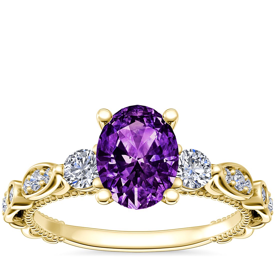 Floral Ellipse Diamond Cathedral Engagement Ring with Oval Amethyst in 14k Yellow Gold (8x6mm)
