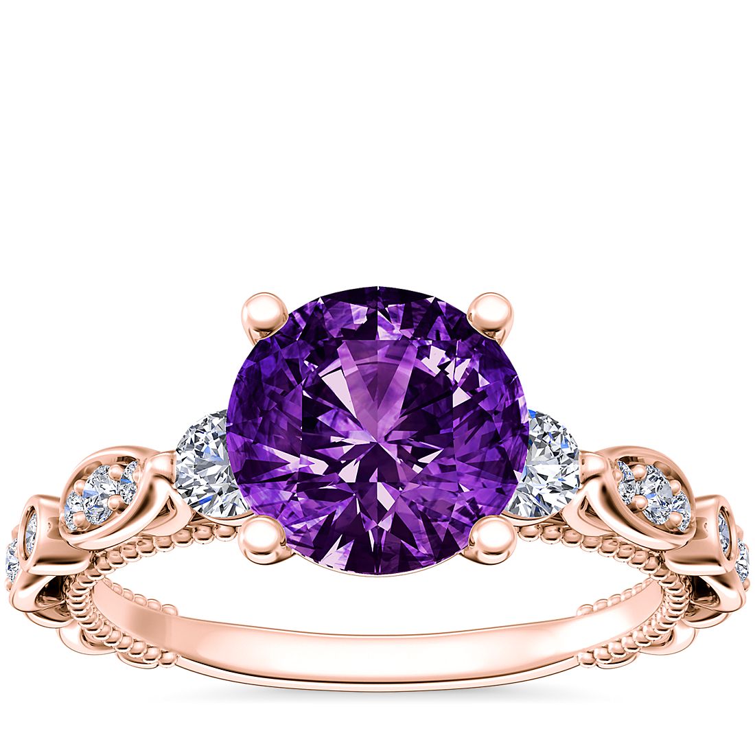 Floral Ellipse Diamond Cathedral Engagement Ring with Round Amethyst in 14k Rose Gold (8mm)