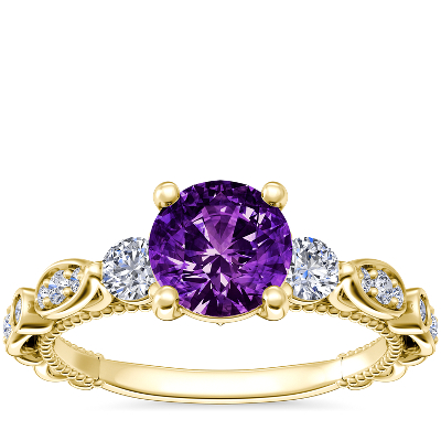 Floral Ellipse Diamond Cathedral Engagement Ring with Round Amethyst in 14k Yellow Gold (6.5mm)