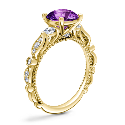 Floral Ellipse Diamond Cathedral Engagement Ring with Round Amethyst in 14k Yellow Gold (8mm)