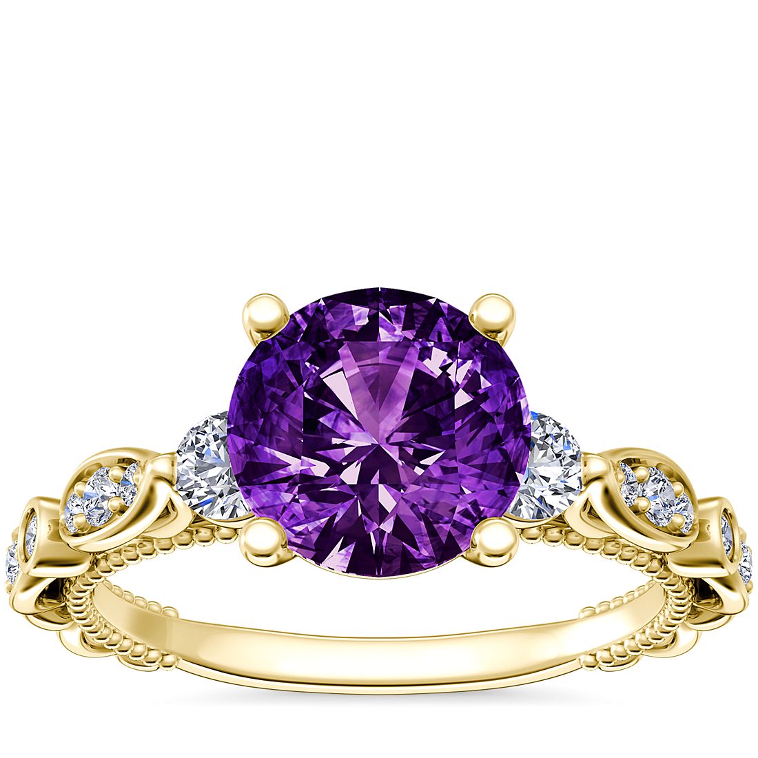 Floral Ellipse Diamond Cathedral Engagement Ring with Round Amethyst in 14k Yellow Gold (8mm)