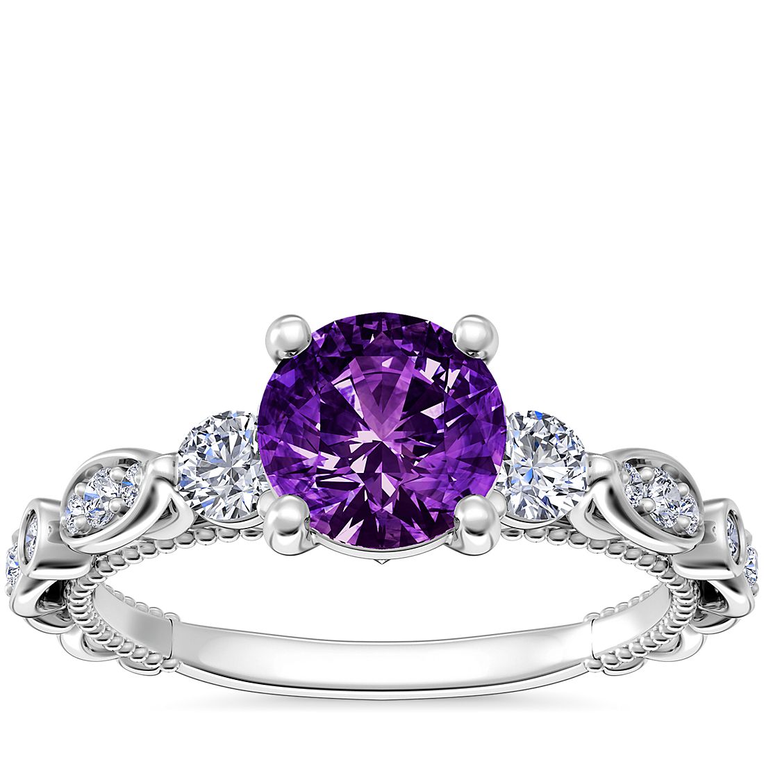 Floral Ellipse Diamond Cathedral Engagement Ring with Round Amethyst in Platinum (6.5mm)