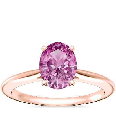 Anillo de compromiso de solitario con diamantes, borde y zafiro rosado en oro rosado de 14 k mm) | Nile