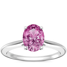 Anillo de compromiso de solitario con diamantes, borde afilado y zafiro rosado ovalado en oro blanco de 14 k (8x6 mm)