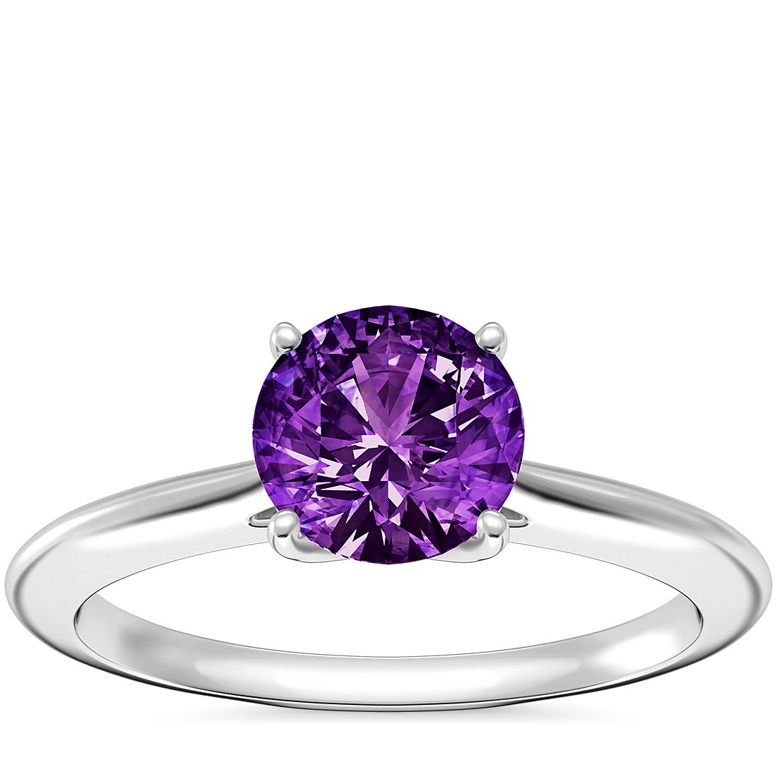 Knife Edge Solitaire Plus Diamond Engagement Ring with Round Amethyst in 14k White Gold (6.5mm)