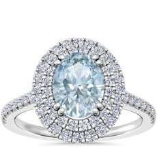 Micropave Double Halo Diamond Engagement Ring with Oval Aquamarine in 14k White Gold (8x6mm)