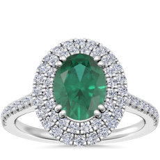 Micropavé Double Halo Diamond Engagement Ring with Oval Emerald in 14k White Gold (8x6mm)