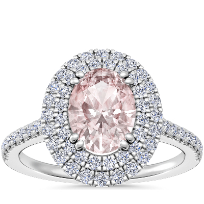 Micropavé Double Halo Diamond Engagement Ring with Oval Morganite in ...