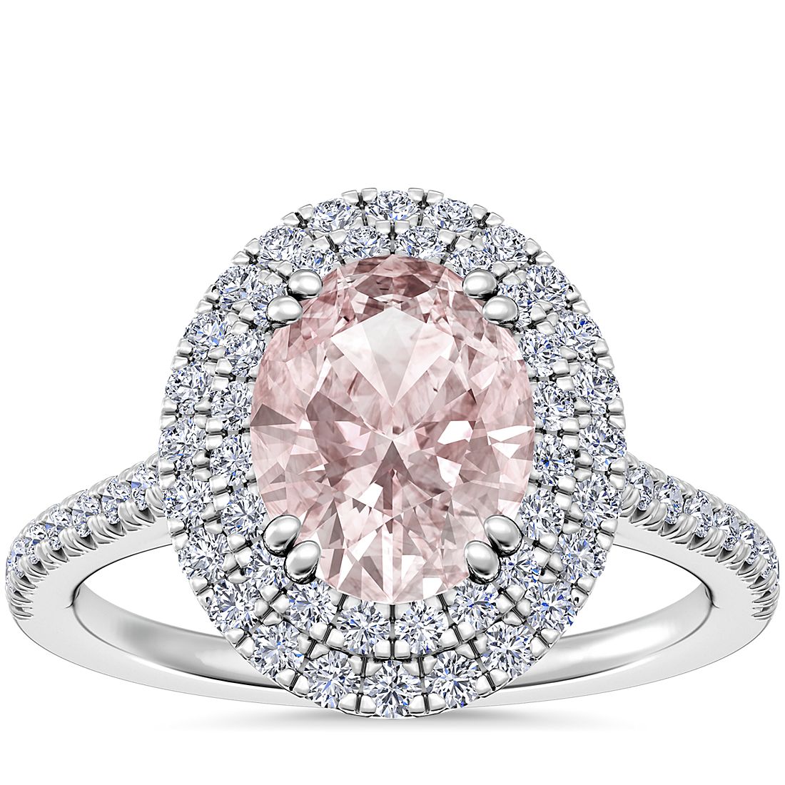 14k 白金微密钉双光环钻石配椭圆形摩根石订婚戒指（9x7 毫米）
