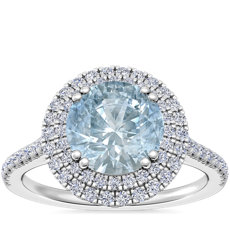 Micropavé Double Halo Diamond Engagement Ring with Round Aquamarine in 14k White Gold (8mm)