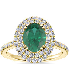 14k 黃金微密釘雙光環鑽石訂婚戒指搭橢圓形綠寶石（8x6 毫米）
