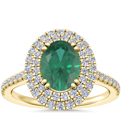 Micropavé Double Halo Diamond Engagement Ring with Oval Emerald in 14k Yellow Gold (8x6mm)