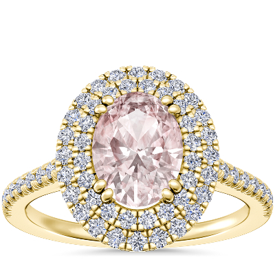 Micropavé Double Halo Diamond Engagement Ring with Oval Morganite in 14k Yellow Gold (8x6mm)