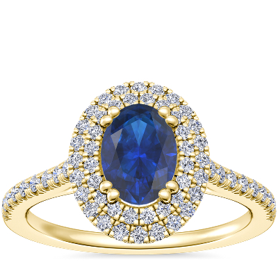 Micropave Double Halo Diamond Engagement Ring with Oval Sapphire in 14k ...