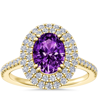 Micropavé Double Halo Diamond Engagement Ring with Oval Amethyst in 14k ...