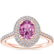 NEW Micropavé Double Halo Diamond Engagement Ring with Oval Pink Sapphire in 14k Rose Gold (7x5mm)