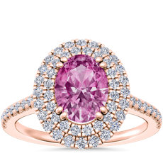 NEW Micropavé Double Halo Diamond Engagement Ring with Oval Pink Sapphire in 14k Rose Gold (8x6mm)