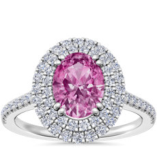 NEW Micropavé Double Halo Diamond Engagement Ring with Oval Pink Sapphire in 14k White Gold (8x6mm)