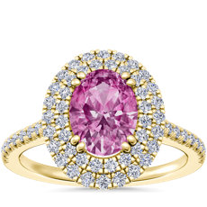 NEW Micropavé Double Halo Diamond Engagement Ring with Oval Pink Sapphire in 14k Yellow Gold (8x6mm)