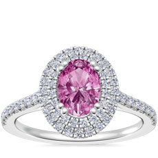 Micropavé Double Halo Diamond Engagement Ring with Oval Pink Sapphire in Platinum (7x5mm)